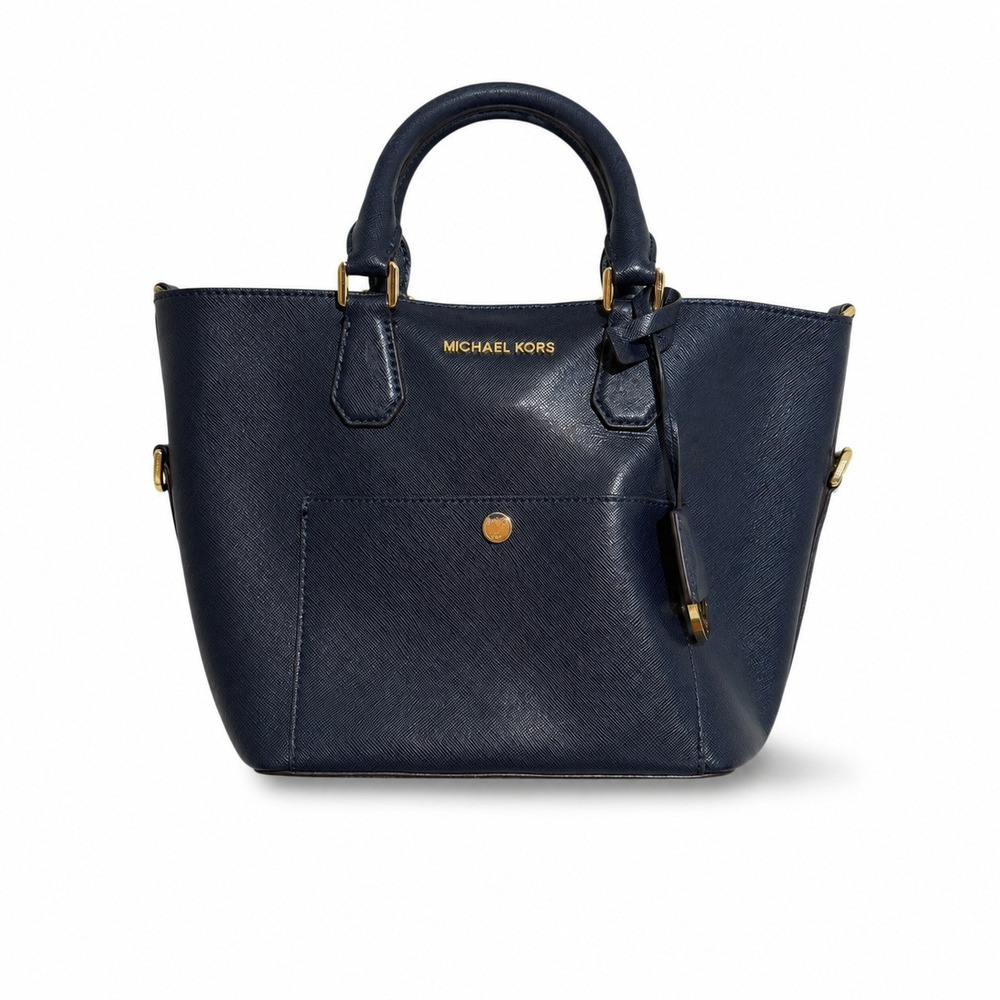 Michael Kors Saffiano Leather Satchel Womens Navy Blue Gold Hardware Handbag